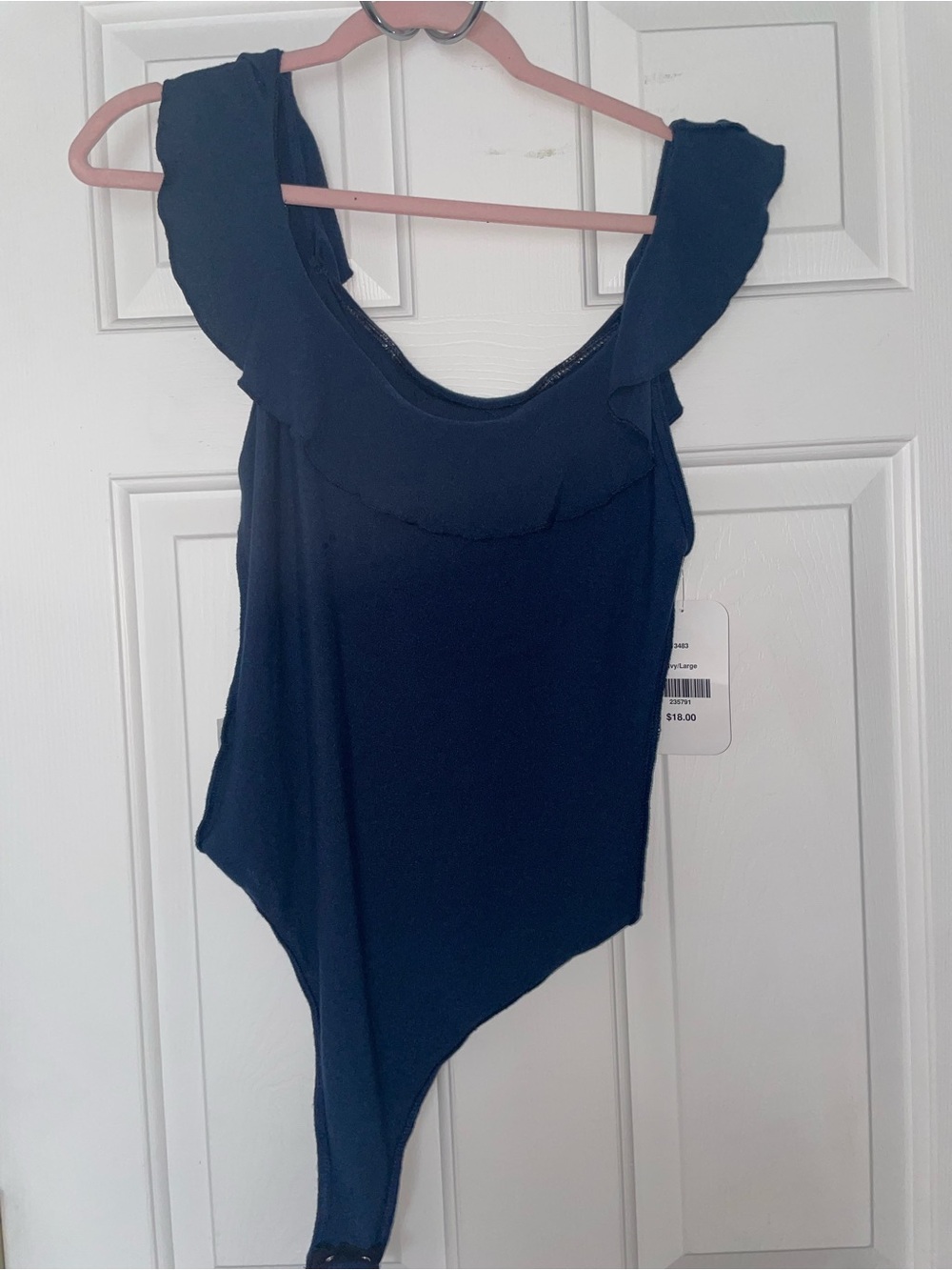 Navy Ruffle Shoulder Bodysuit - Women Tops